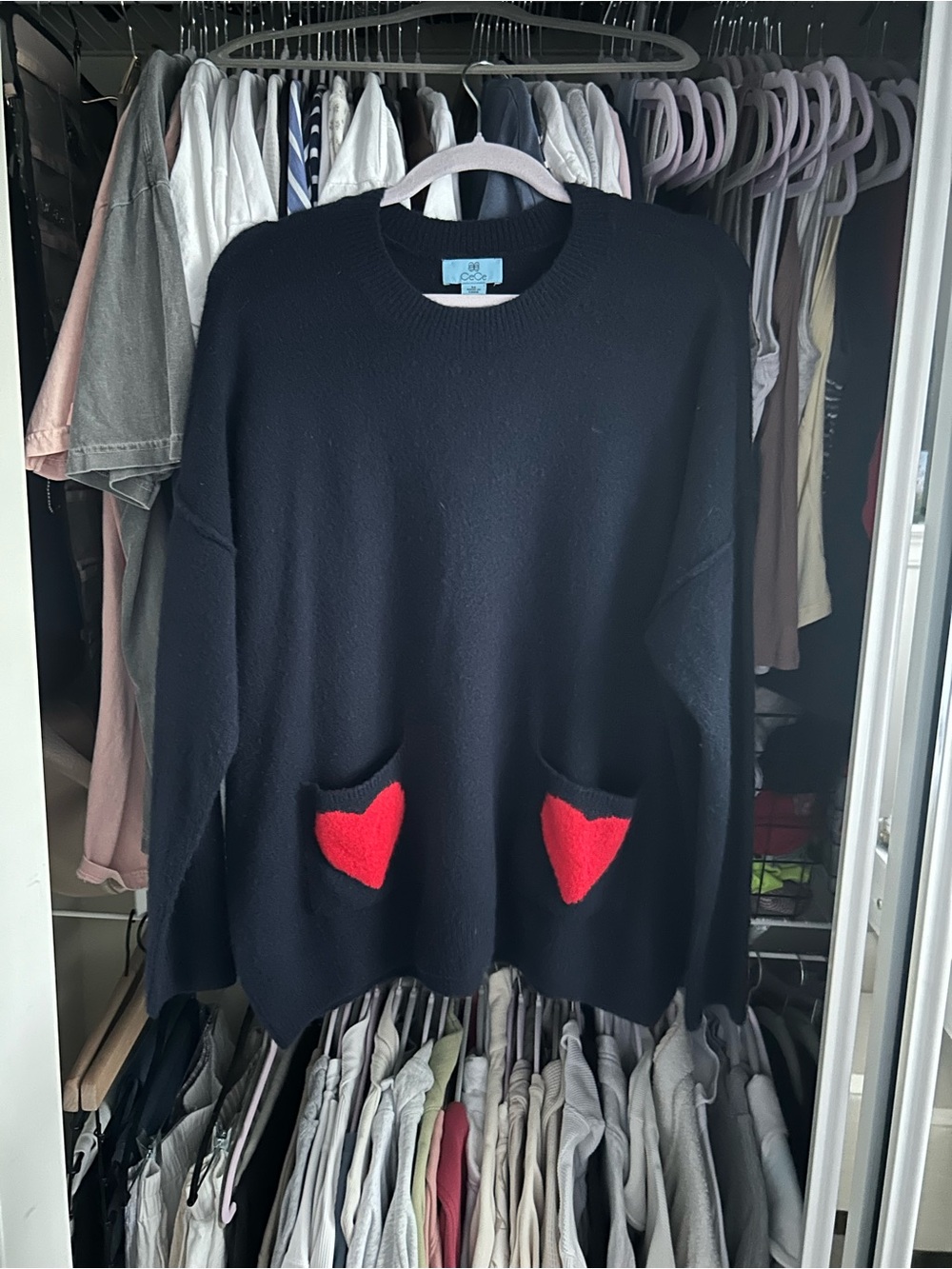 CeCe Black Crewneck Sweater with Red Heart Pockets